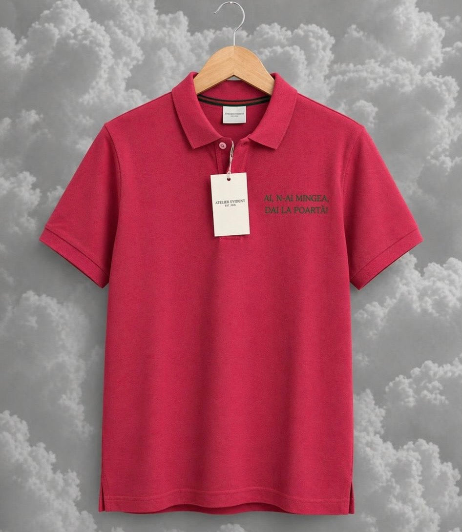 Tricou polo brodat • “Ai, n-ai mingea, dai la poartă”
