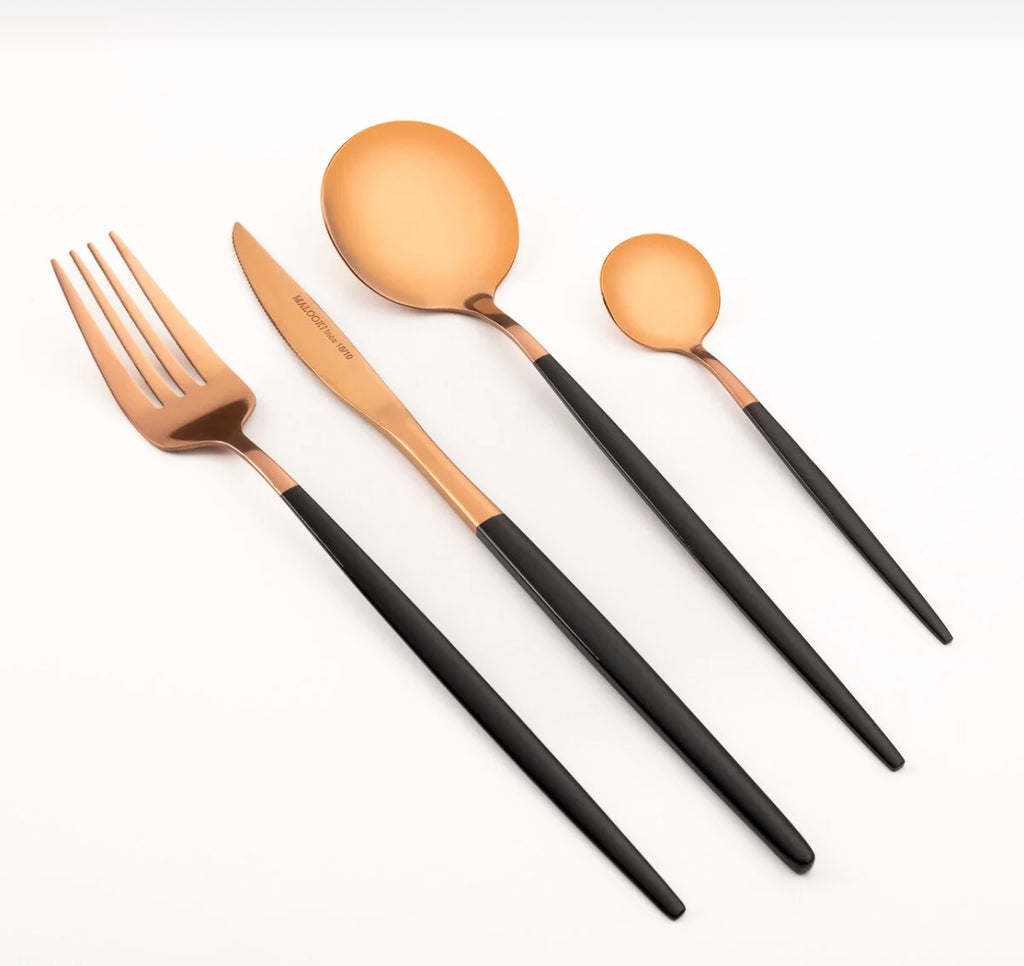 Set tacâmuri 24 piese inox 18/10, rose gold cu mâner negru, 6 persoane