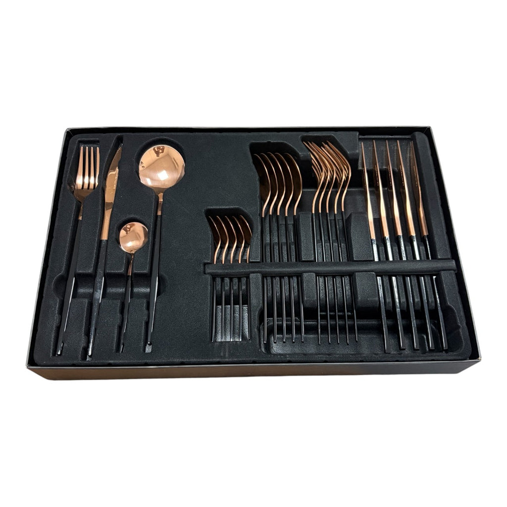 Set tacâmuri 24 piese inox 18/10, rose gold cu mâner negru, 6 persoane