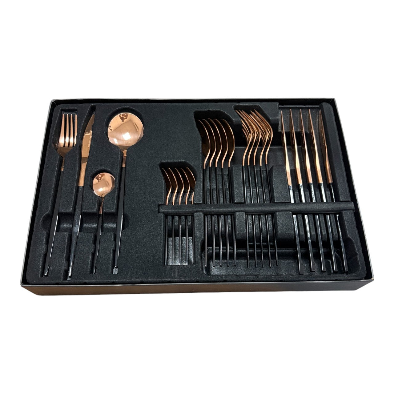 Set tacâmuri 24 piese inox 18/10, rose gold cu mâner negru, 6 persoane